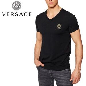Versace Jersey V-Neck Black T-Shirt with Gold Logo sz 7 XL